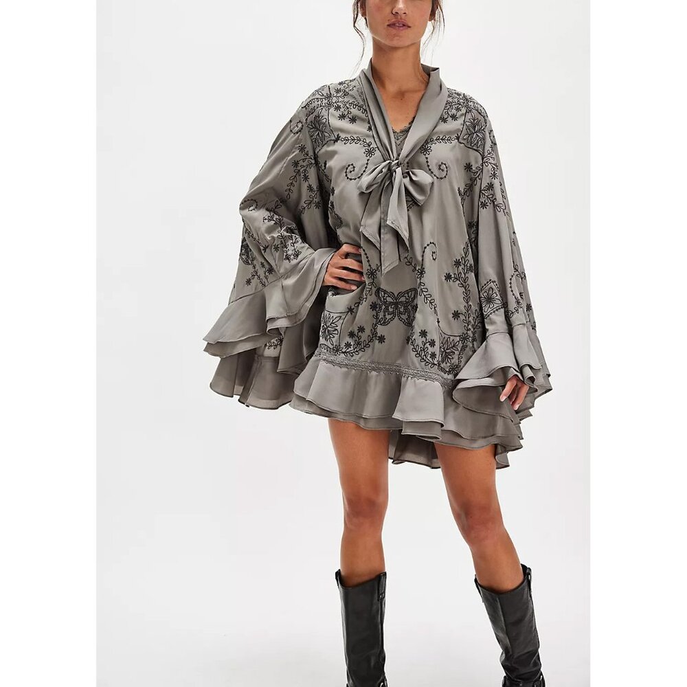 Free People Gray Embroidered Ruffle Mini Dress - Picture 7 of 11